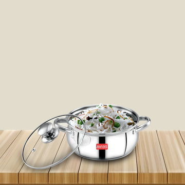 AVIAS Inox IB stainless steel cookpot with glass lid with steam vent | rust-resistant cooware with sandwich bottom | Induction and gas stove friendly | Silver